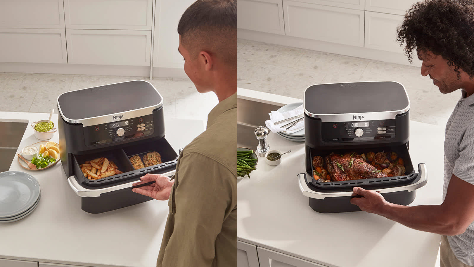 &Agrave; gauche, homme ouvrant le air fryer Ninja avec du poisson et des frites ; &agrave; droite, homme ouvrant le air fryer avec un r&ocirc;ti.