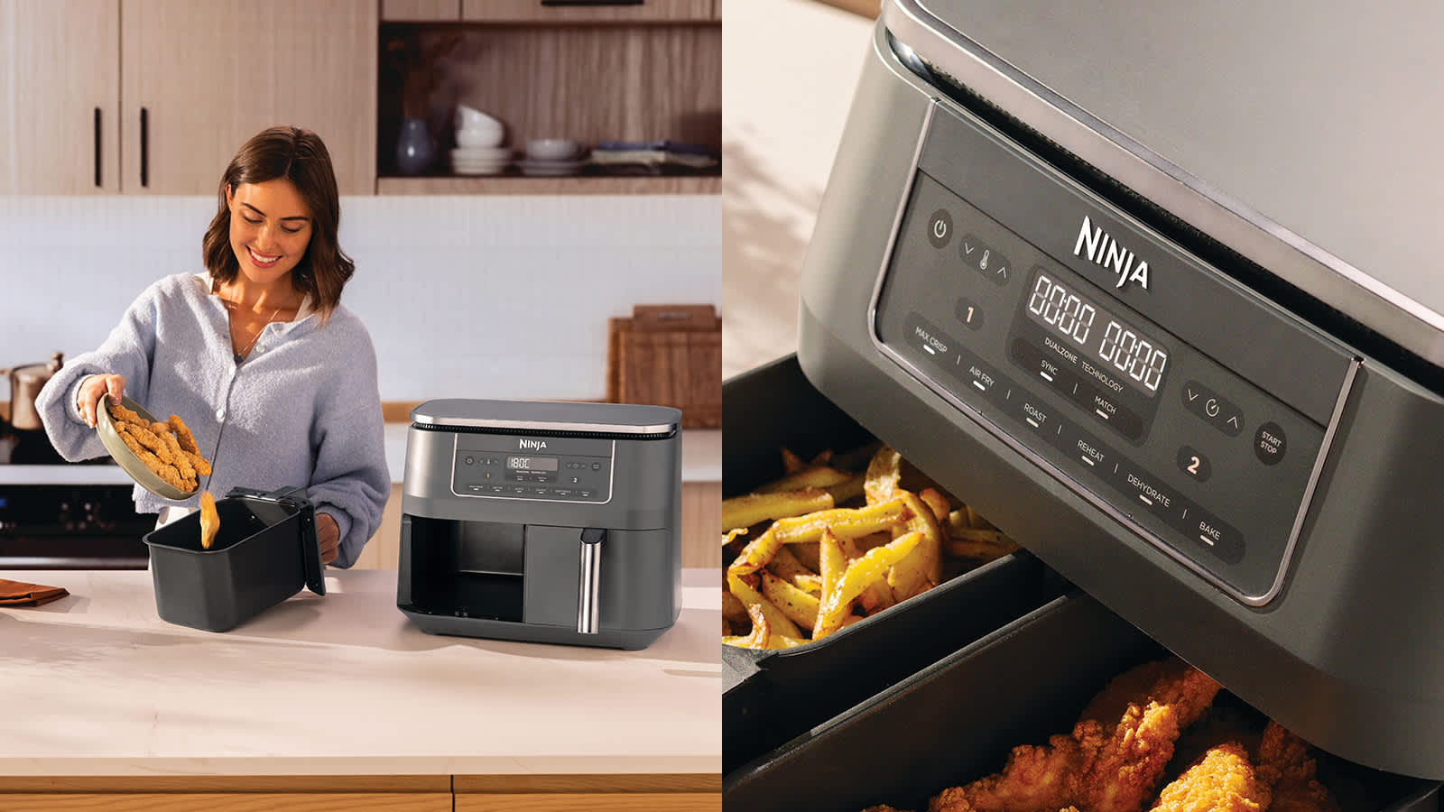 Femme versant du poulet frit dans l'air fryer.