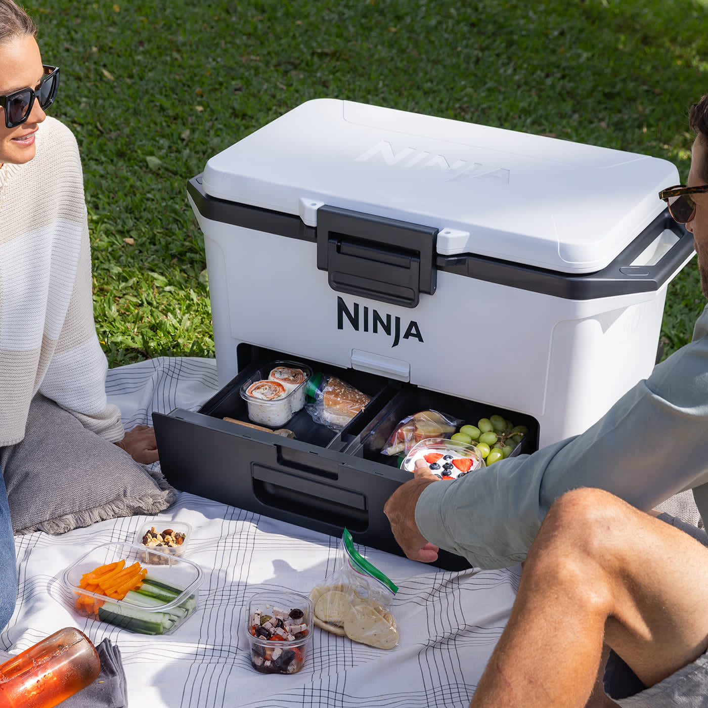 Familia en el campo cogiendo bebidas de la nevera  ninja