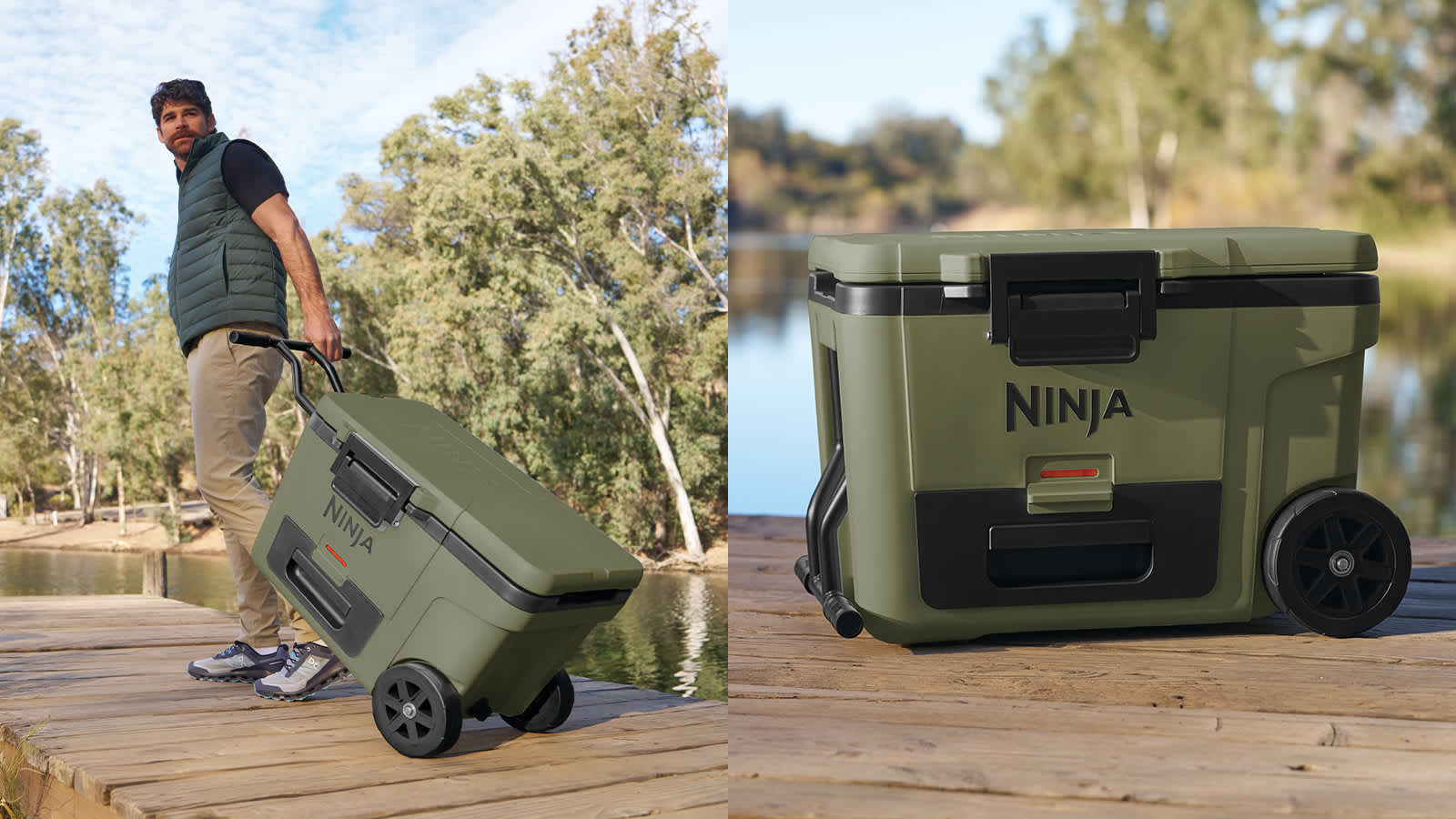 Hombre transportando la nevera ninja por un campo