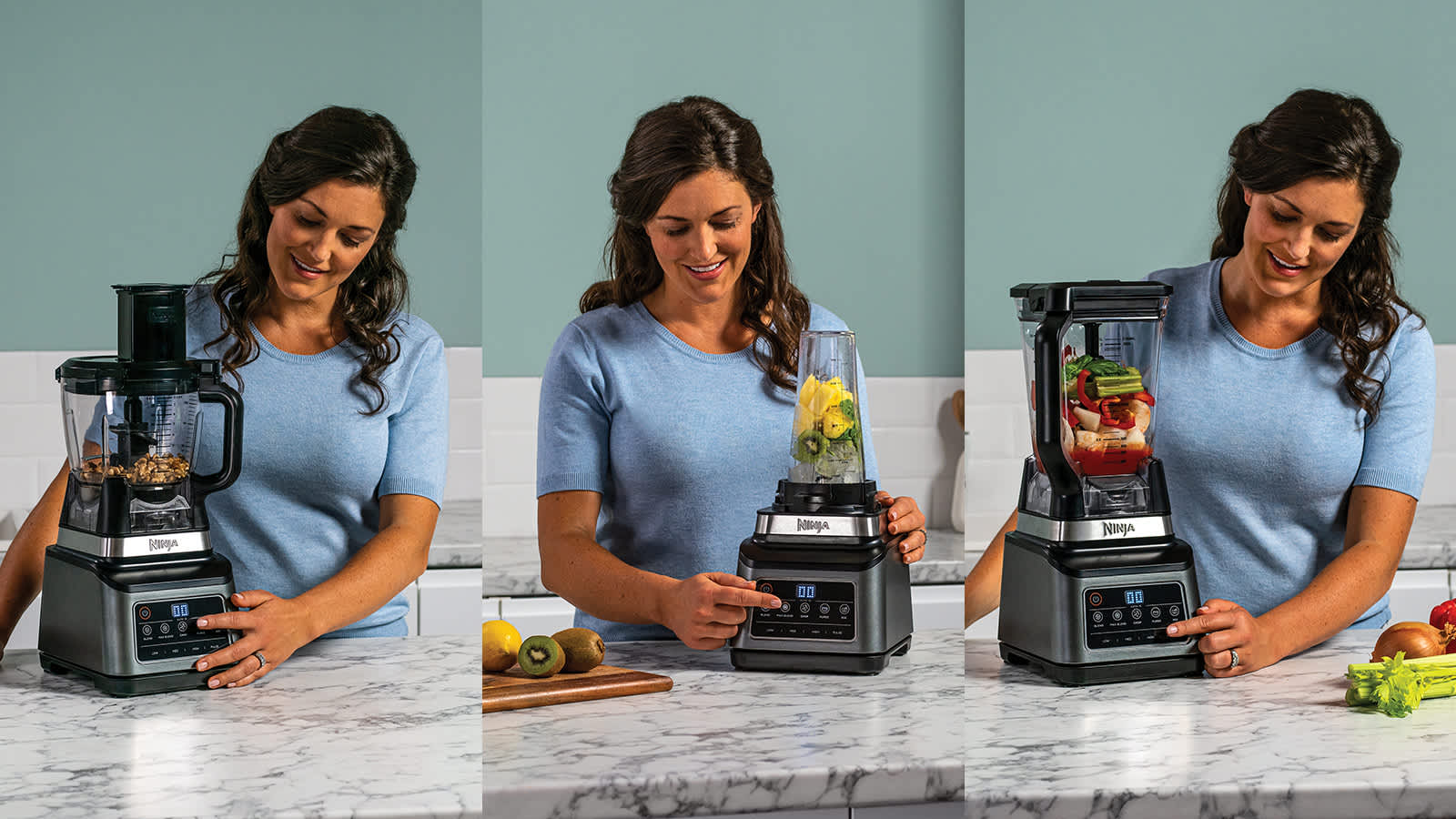 Femme mixant des ingr&eacute;dients dans le robot culinaire.
