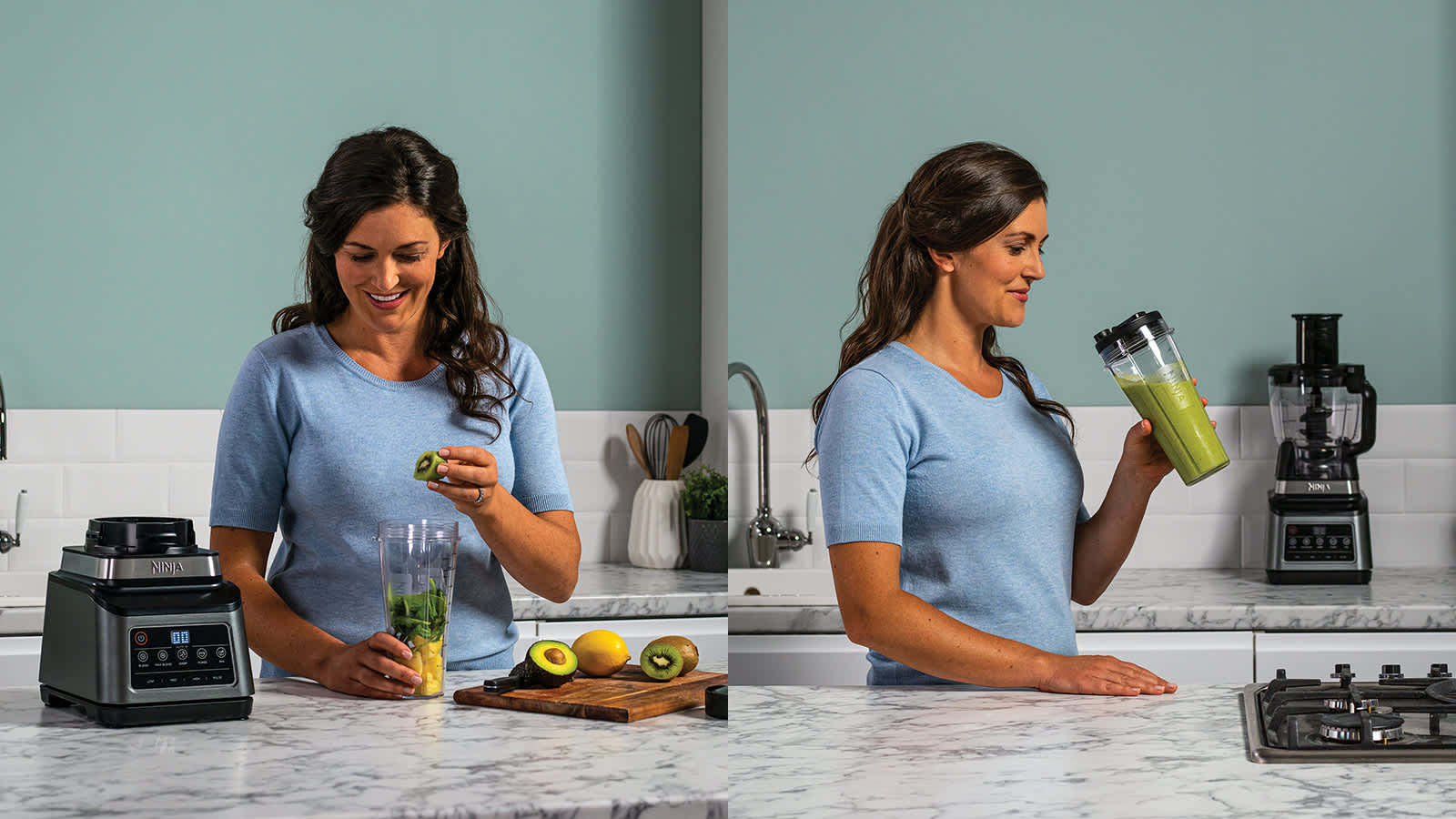 Femme pr&eacute;parant un smoothie avec le robot culinaire.