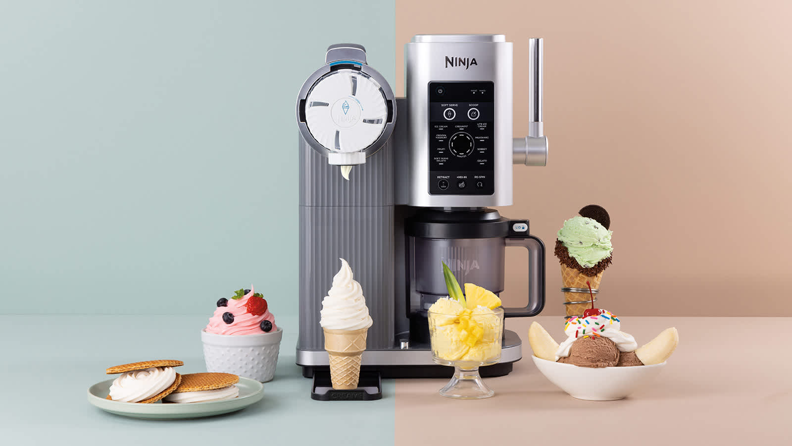 Heladera Ninja creami swirl con varios postres fr&iacute;os alrededor
