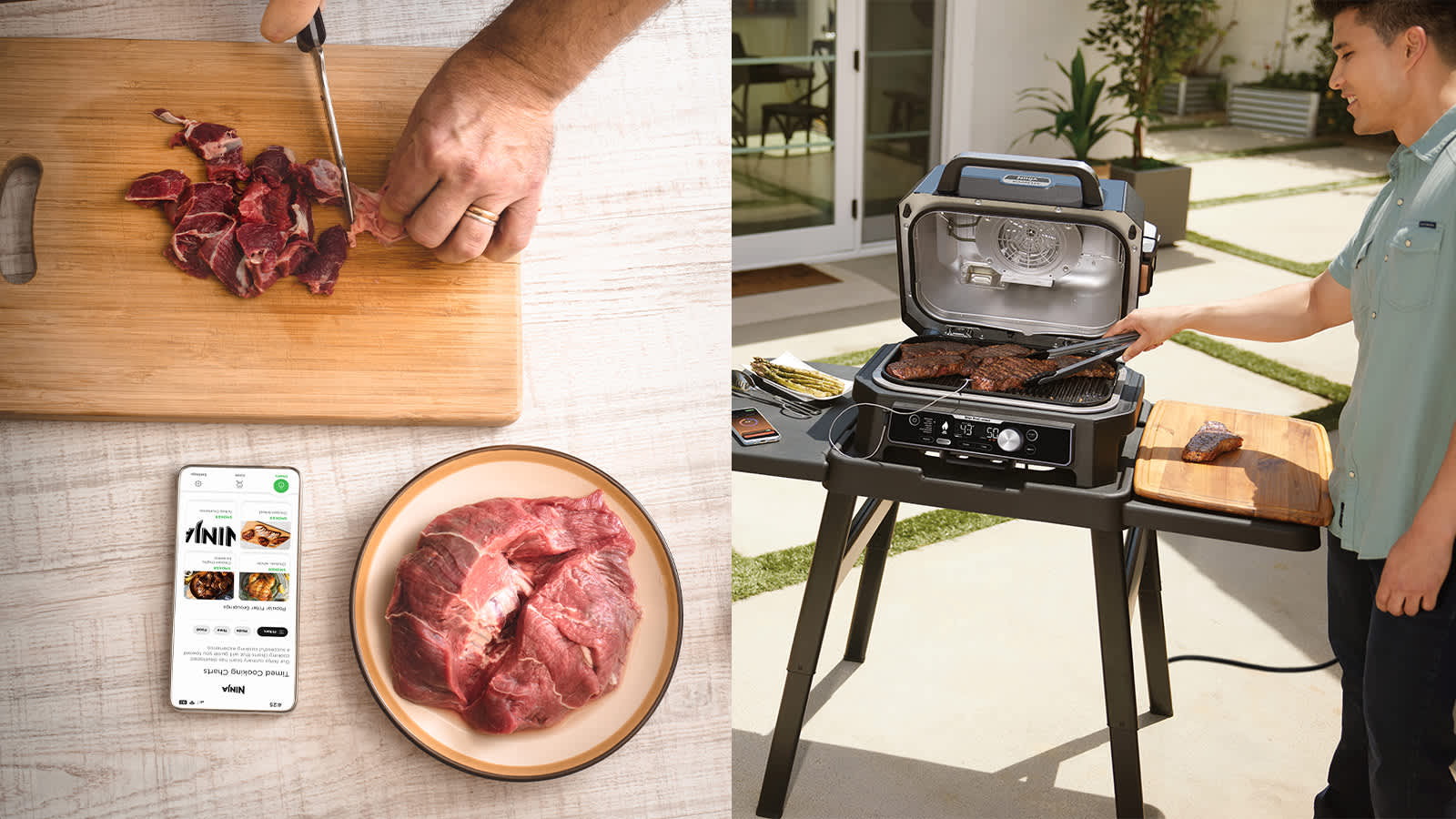 &Agrave; gauche, personne coupant de la viande crue. &Agrave; droite, personne cuisant de la viande sur un barbecue.