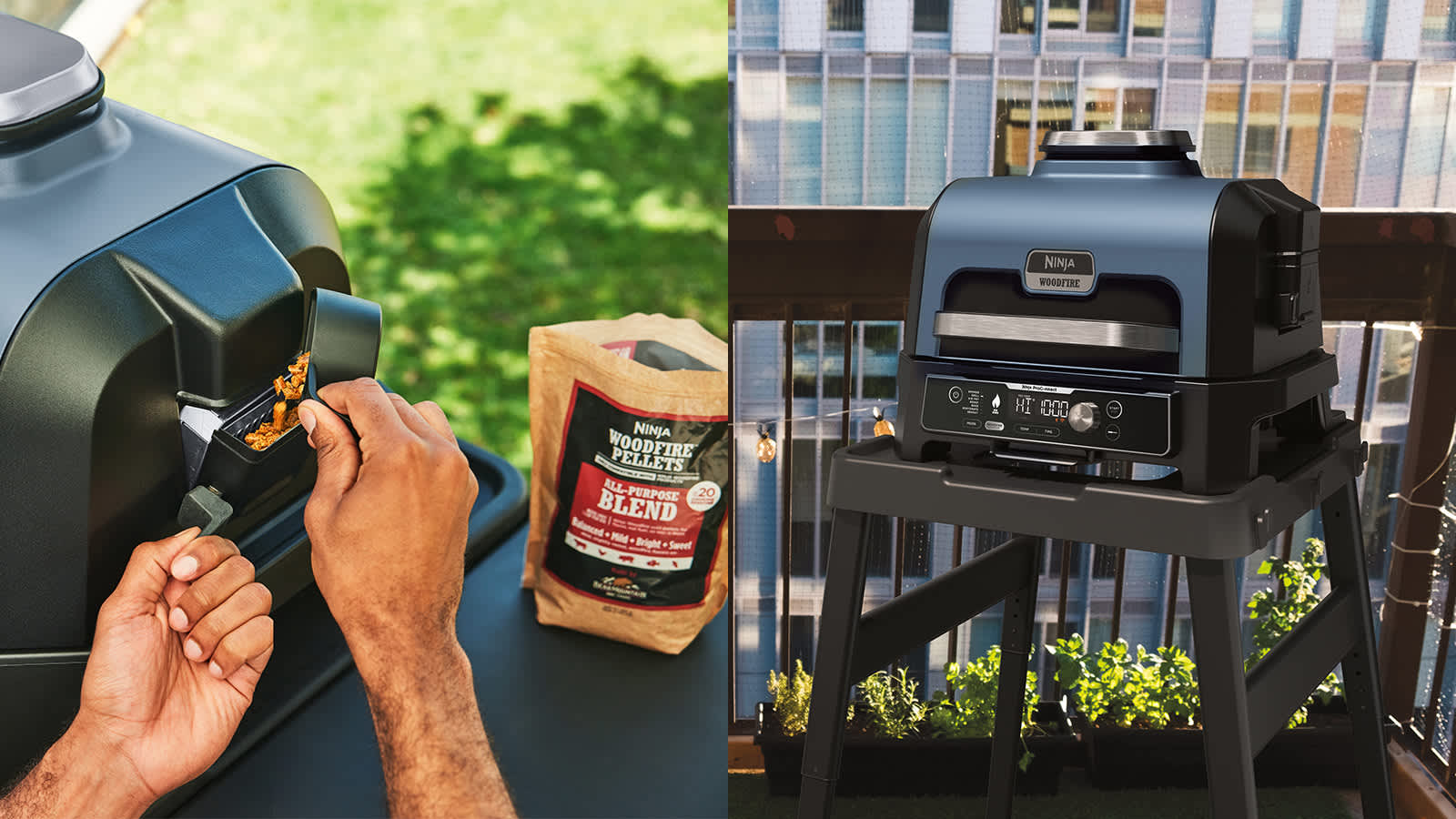 Personne ajoutant des granul&eacute;s de bois dans le barbecue Ninja et le barbecue Ninja sur son support.