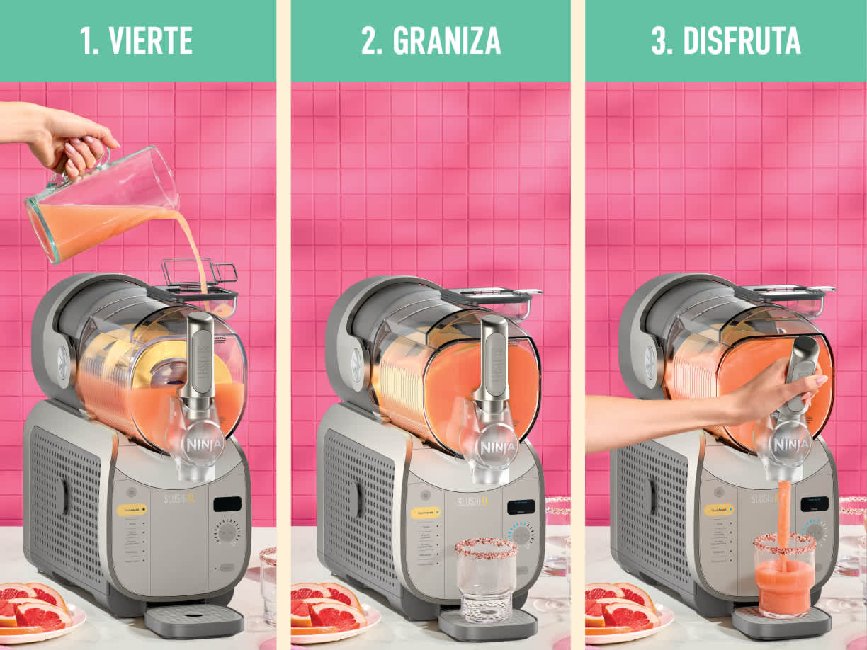 Ninja SLUSHi XL con los 3 pasos a seguir: Vierte, Graniza, Disfruta