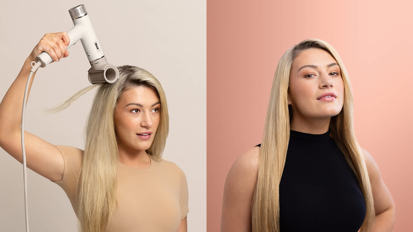 Mujer antes y despu&eacute;s de usar el secador shark speedstyle