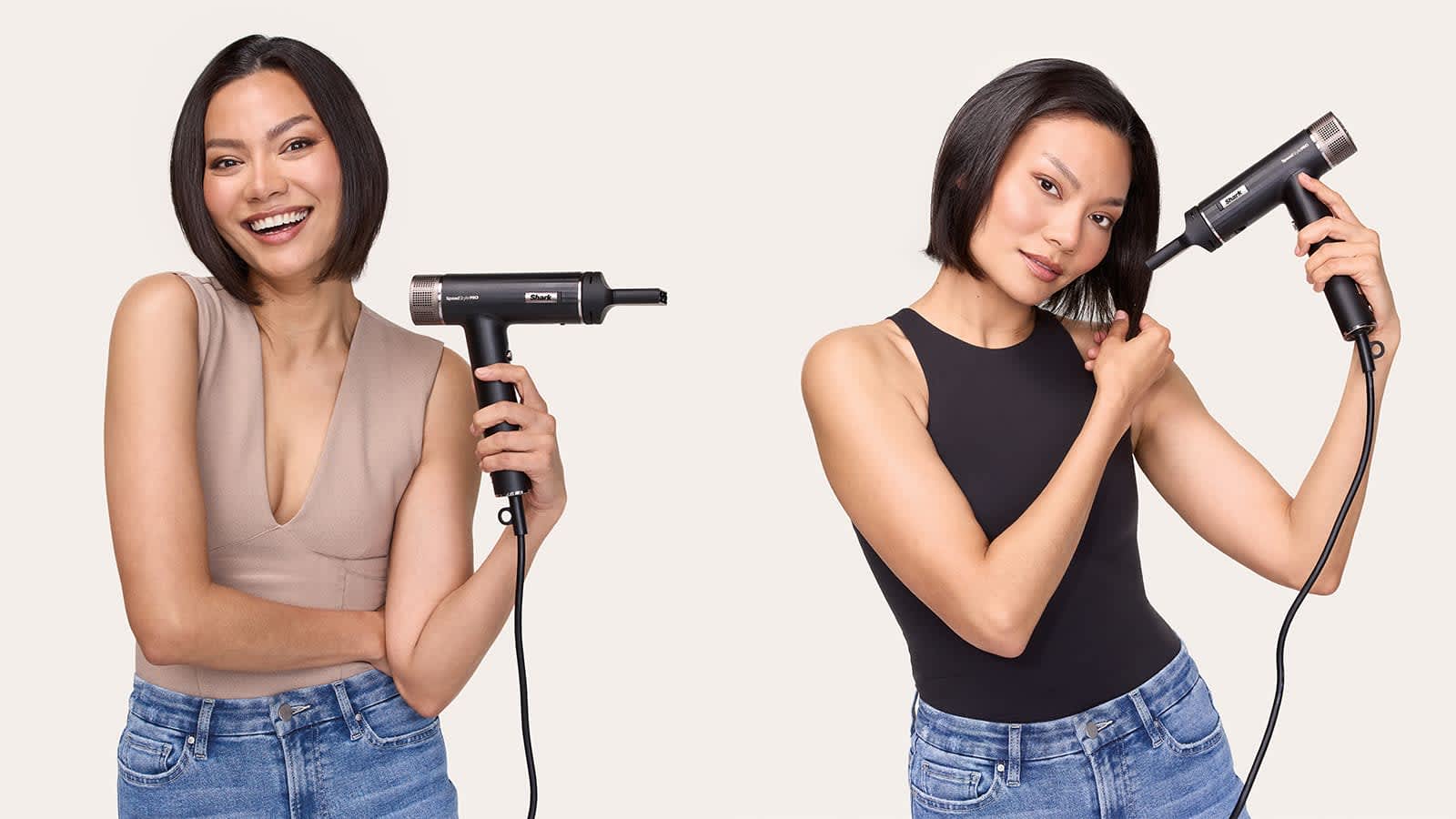 Femme utilisant le s&egrave;che-cheveux Shark sur cheveux courts