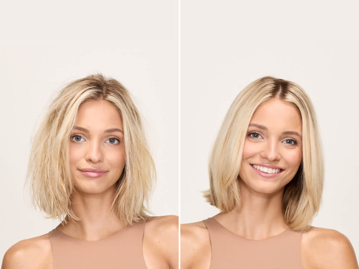 Modelka przed i po stylizacją suszarką do włos&oacute;w Shark SpeedStyle Pro HD752EU z okrągłą szczotką TouchUp