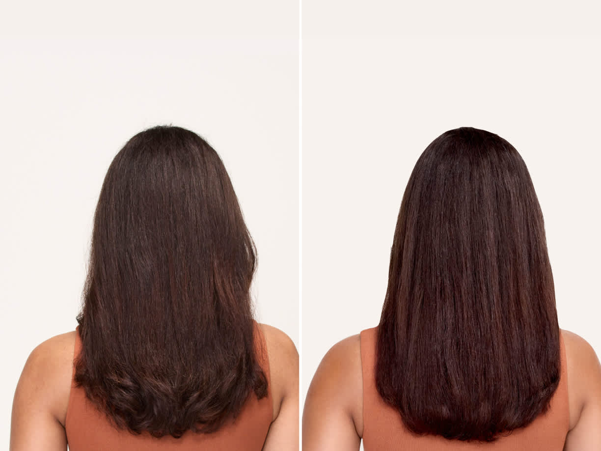 Mujer con pelo largo antes y despu&eacute;s de usar el secador shark