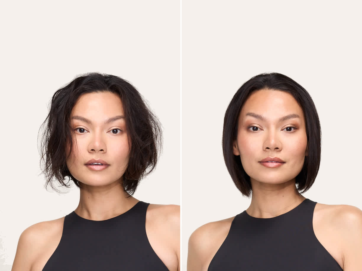 Mujer con pelo corto antes y despu&eacute;s de usar el secador