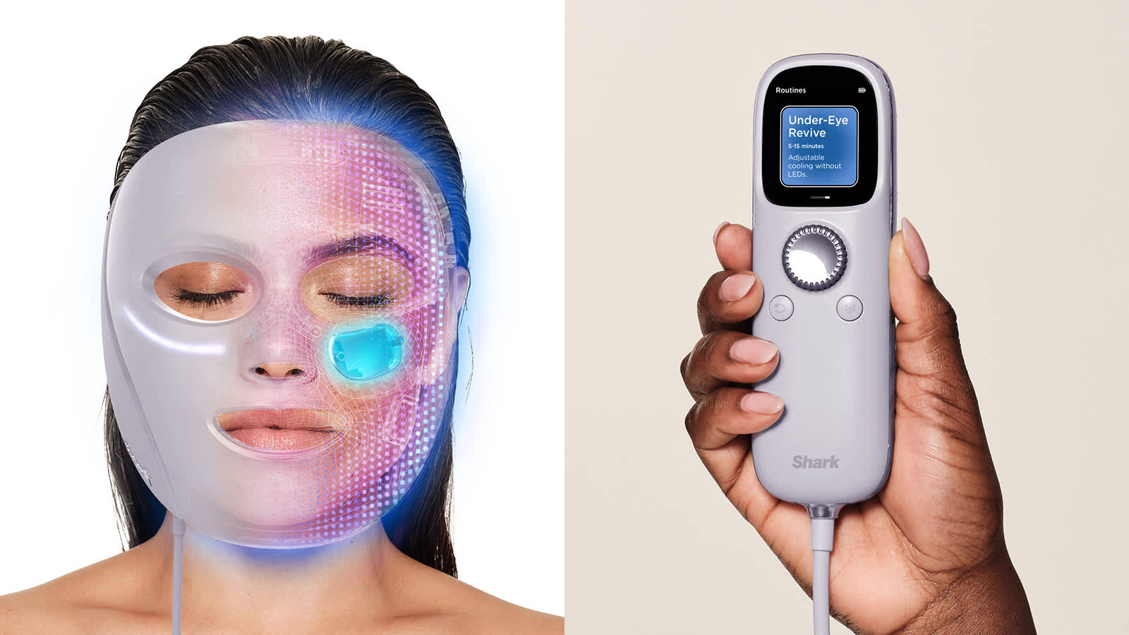 mujere usando la m&aacute;scara LED Shark CryoGLow con efecto fr&iacute;o en contorno de ojos