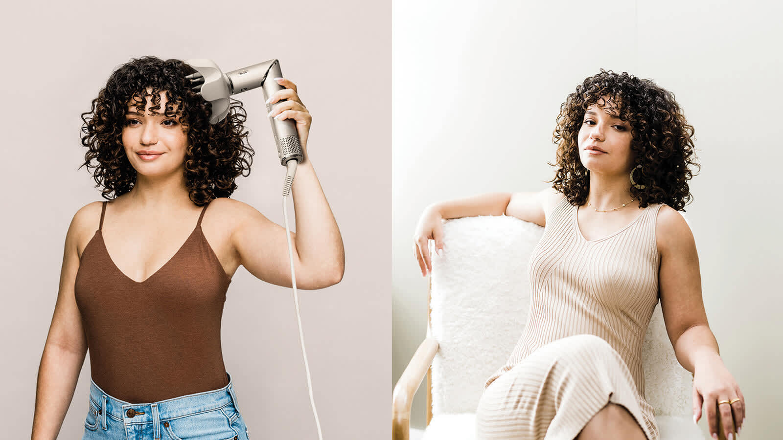 Femme se s&eacute;chant les cheveux au s&egrave;che-cheveux.