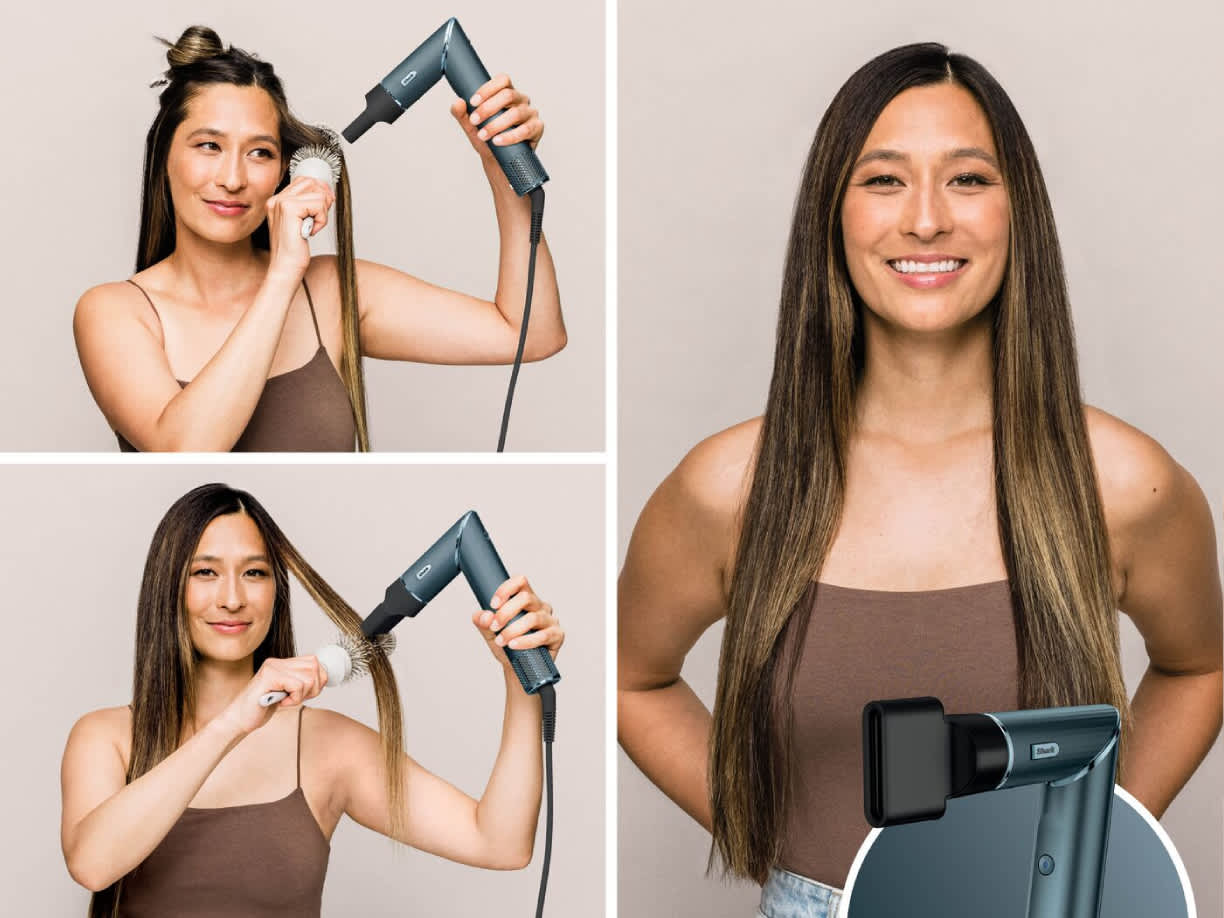 Mujer usando la boquilla concentradora del moldeador de pelo shark flexstyle