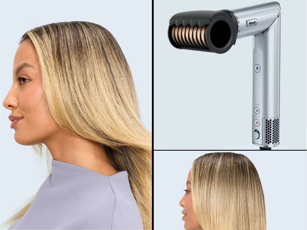 Mujer con el Cabezal antiencrespamiento del moldeador de pelo shark flexstyle