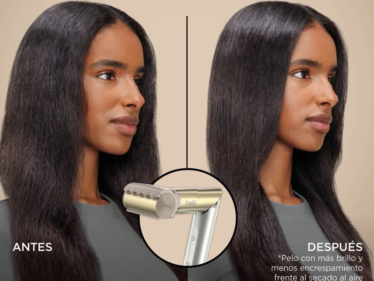 Cabello antes y despu&eacute;s de usar el cabezal antifrizz del moldeador de pelo shark glam