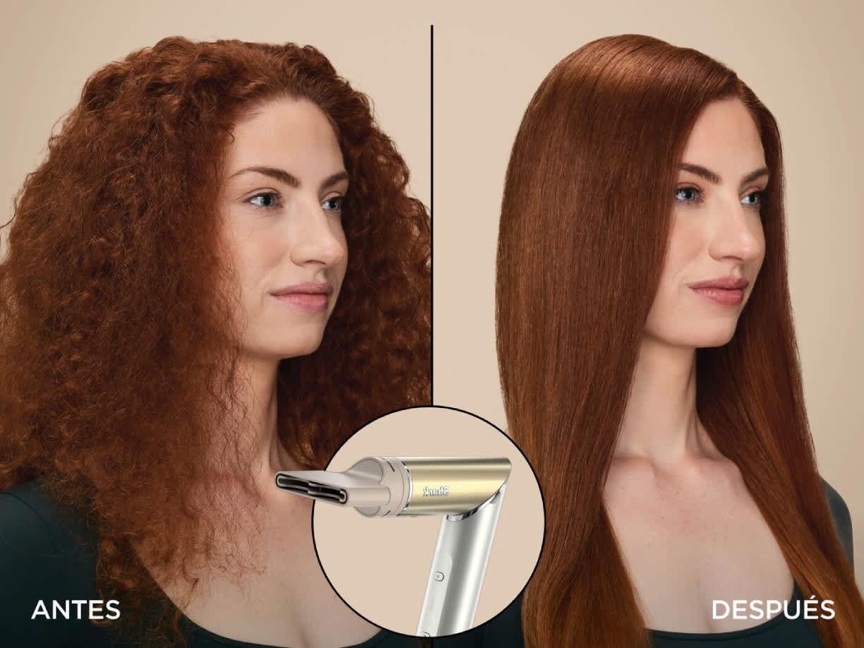 Cabello antes y despu&eacute;s de usar la boquilla concentradora del moldeador shark glam