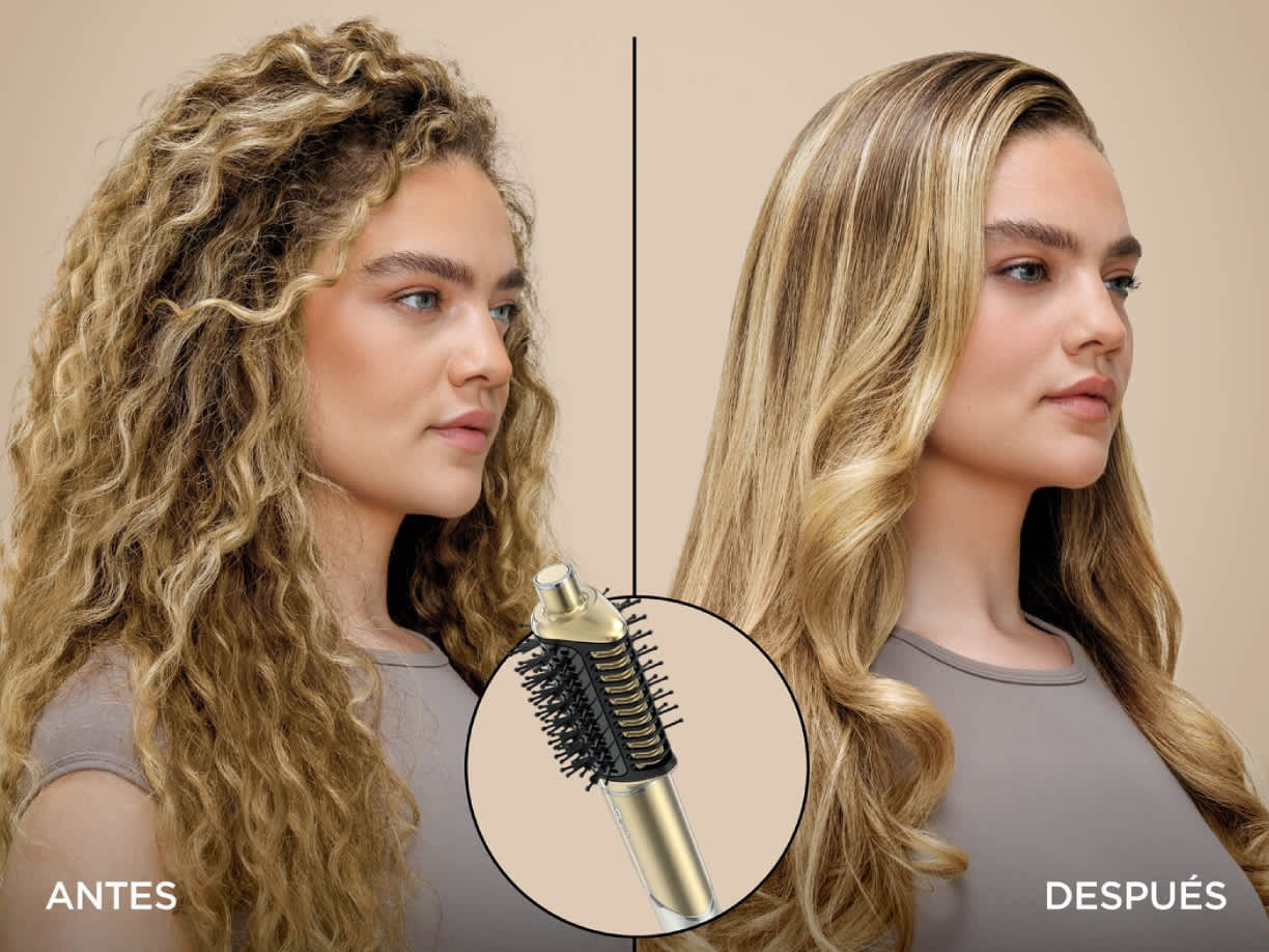 Cabello antes y despu&eacute;s de usar el cepillo glossi del moldeador shark glam