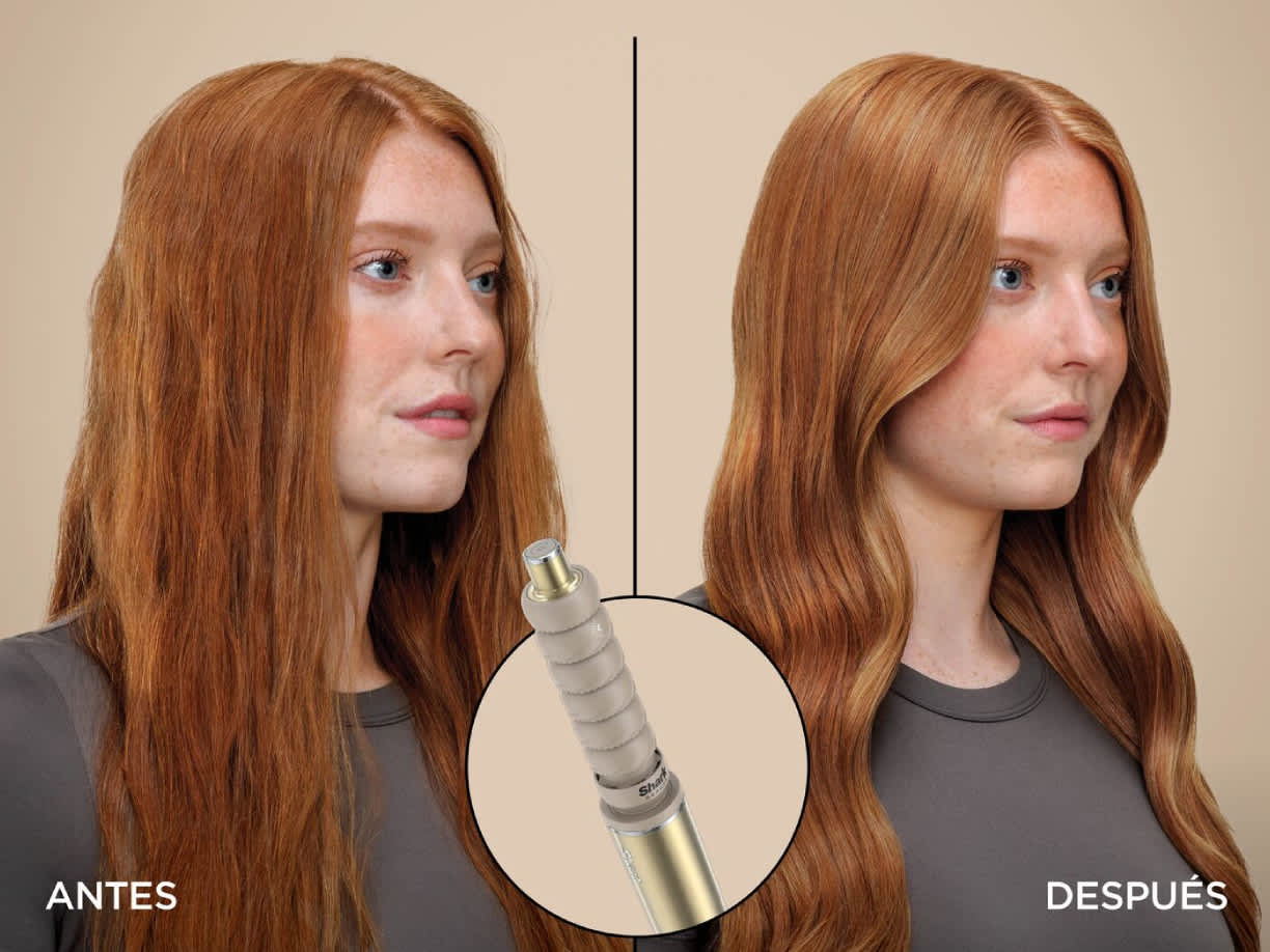 Cabello antes y despu&eacute;s de usar el cepillo glossi del moldeador shark glam