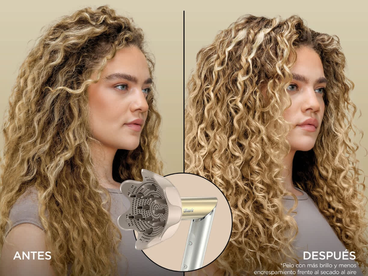 Cabello antes y despu&eacute;s de usar el disusor del moldeador de pelo shark glam