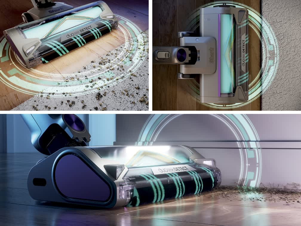 Photo montrant un aspirateur sans fil d&eacute;tectant la salet&eacute; sur diff&eacute;rents types de sols.