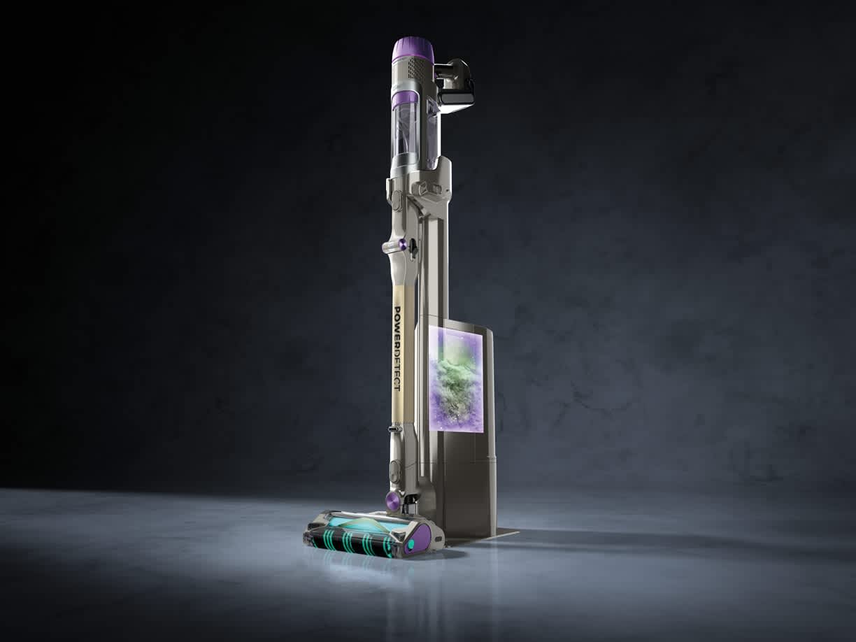 Aspirateur sans fil sur sa base.