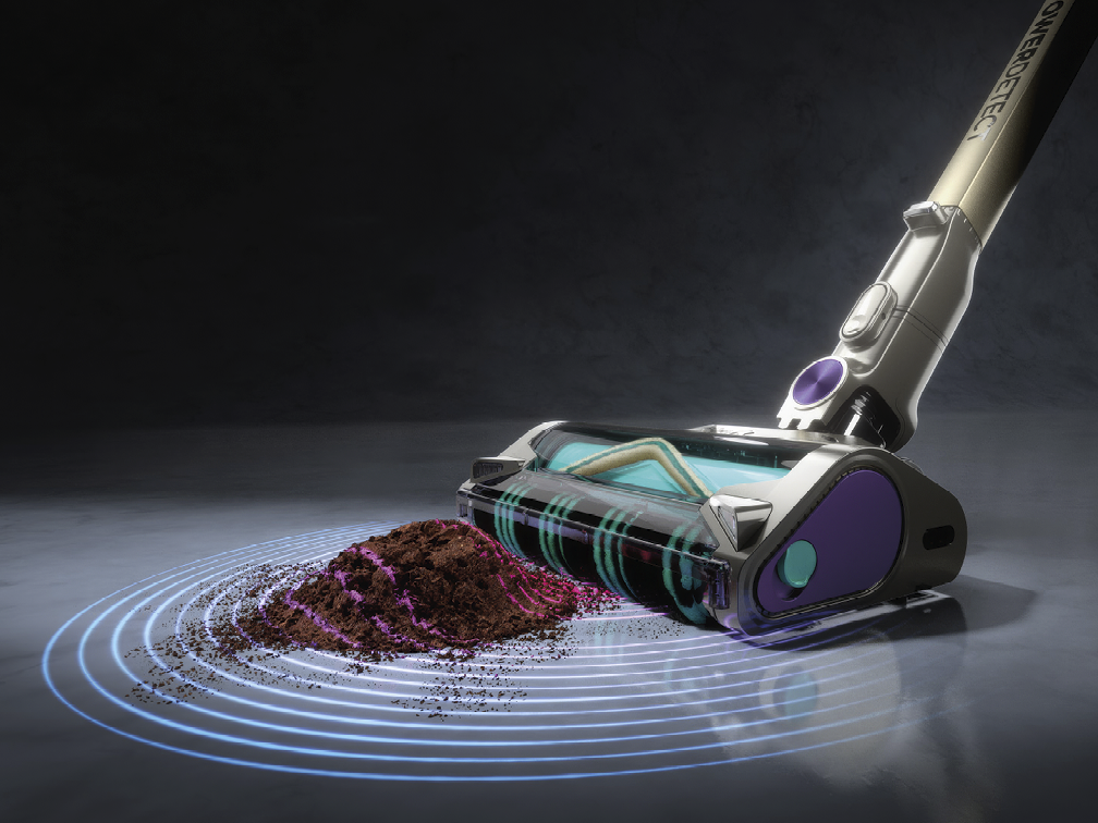 Aspirateur sans fil d&eacute;tectant un amas de salet&eacute;.