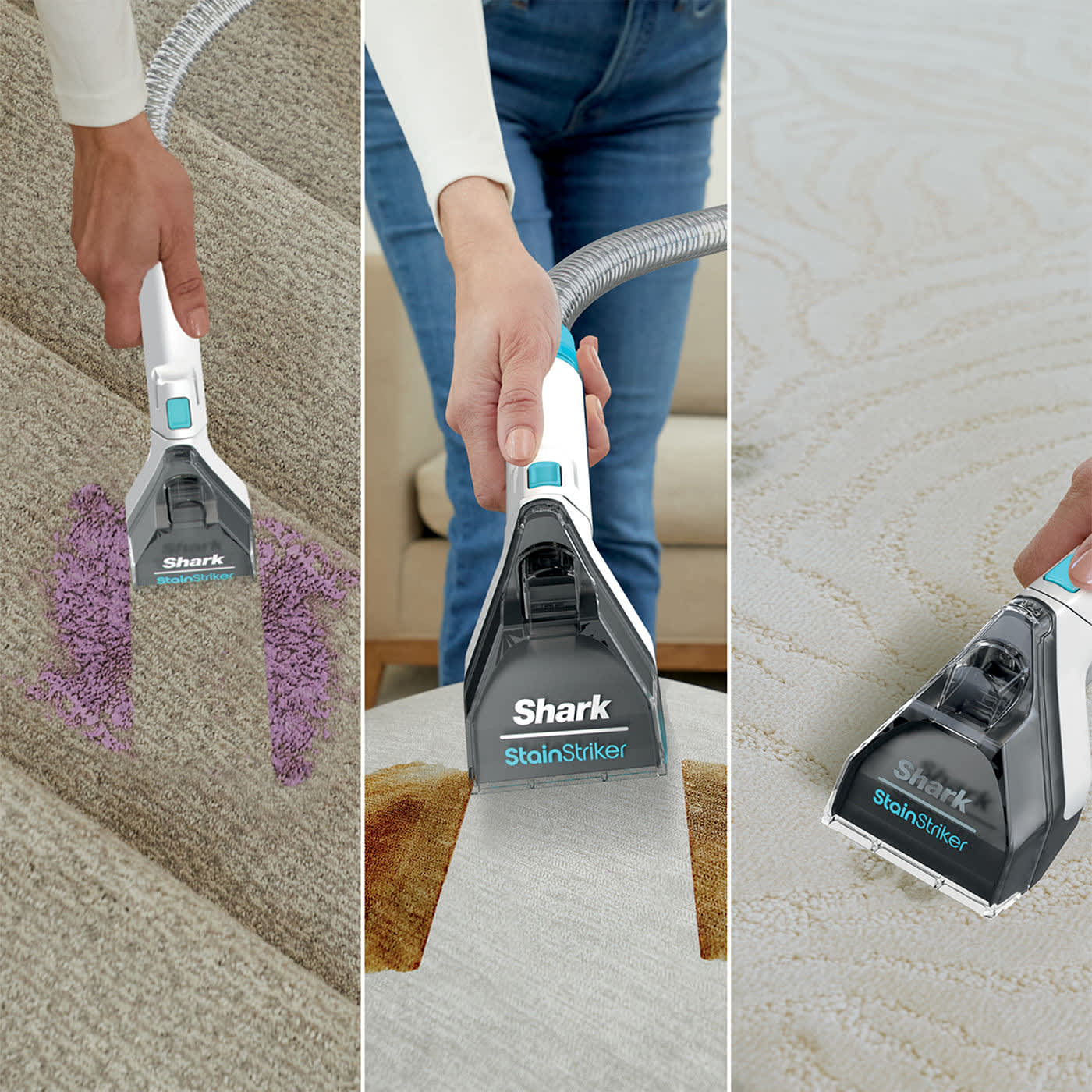 Personne retirant des taches d'un tapis avec le d&eacute;tacheur Shark.