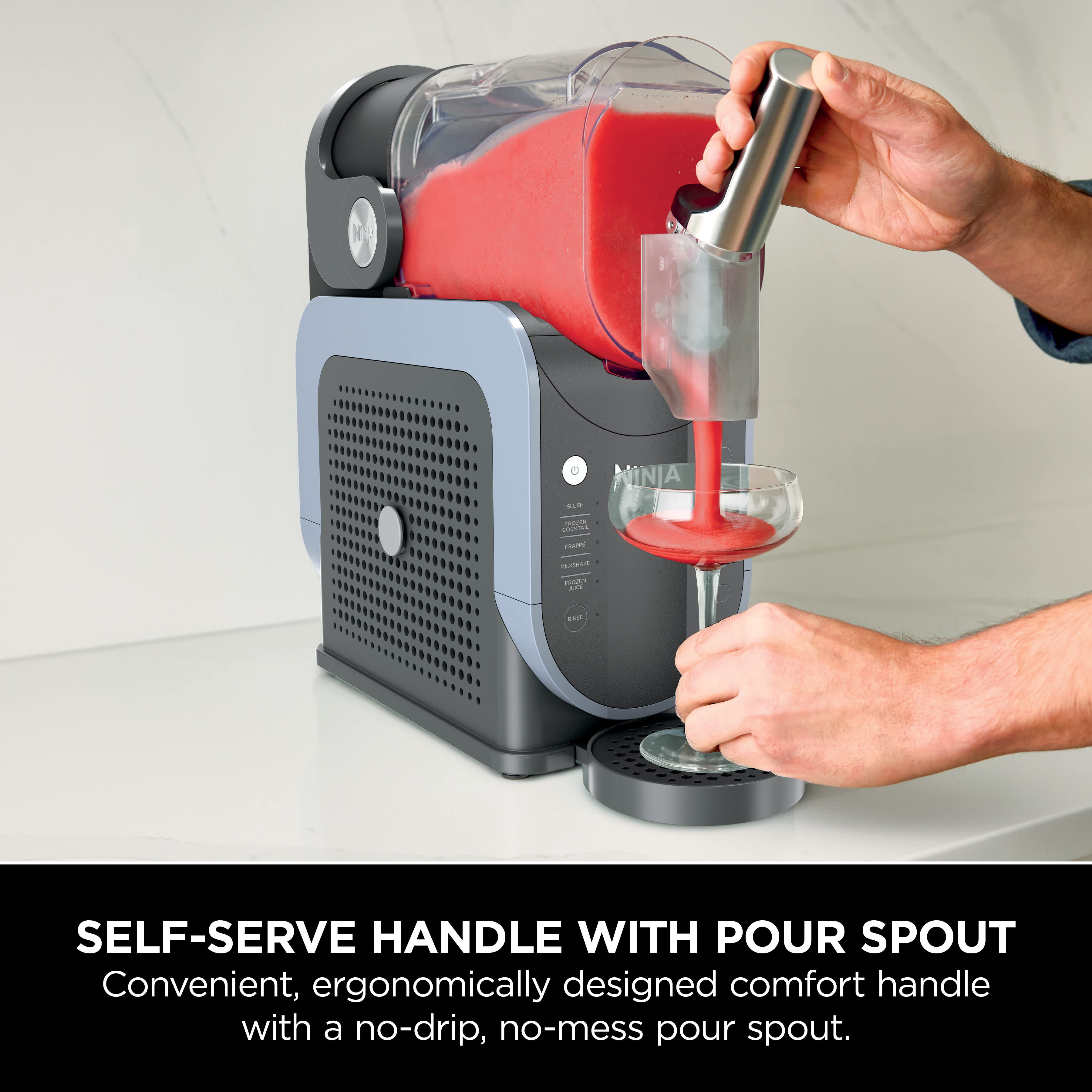 Self-serve handle with pour spout