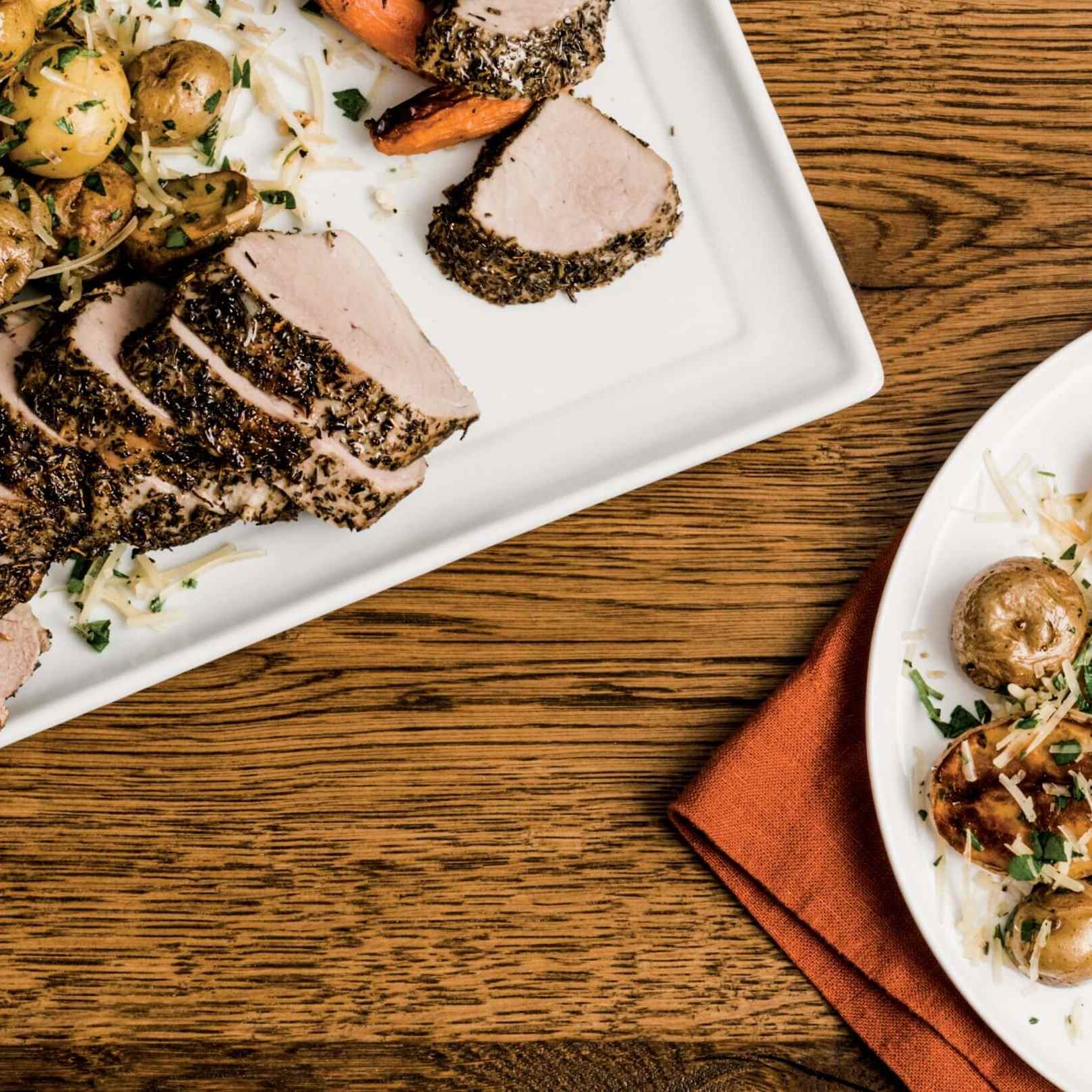 Herbed Pork Tenderloin with Roasted Carrots and Parmesan Baby