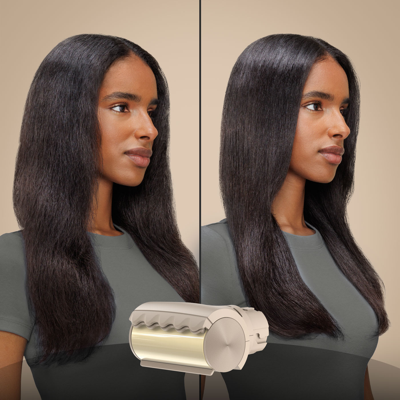 Side-by-side before and after of a woman with textured hair smoothed into glossy, polished straight hair using a heated smoothing roller attachment.
