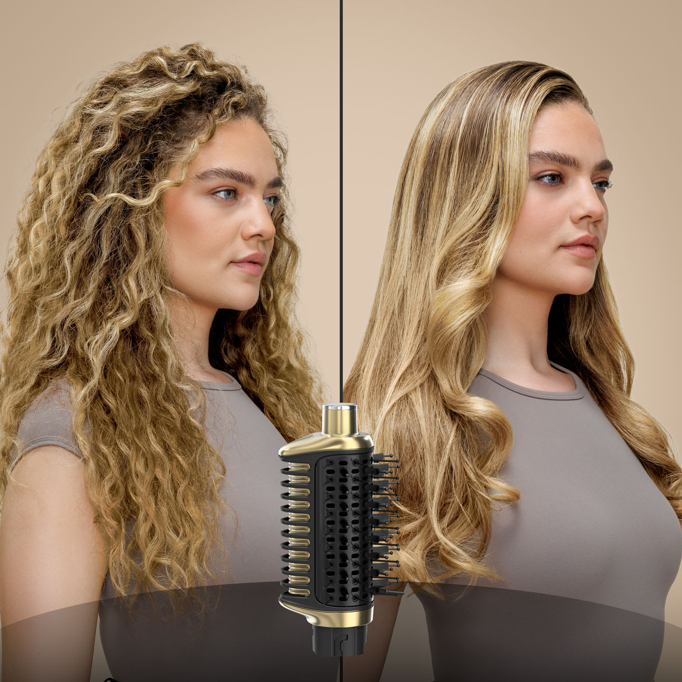 Side-by-side before and after of a woman with frizzy waves styled into smooth, voluminous blowout curls using a heated round brush.