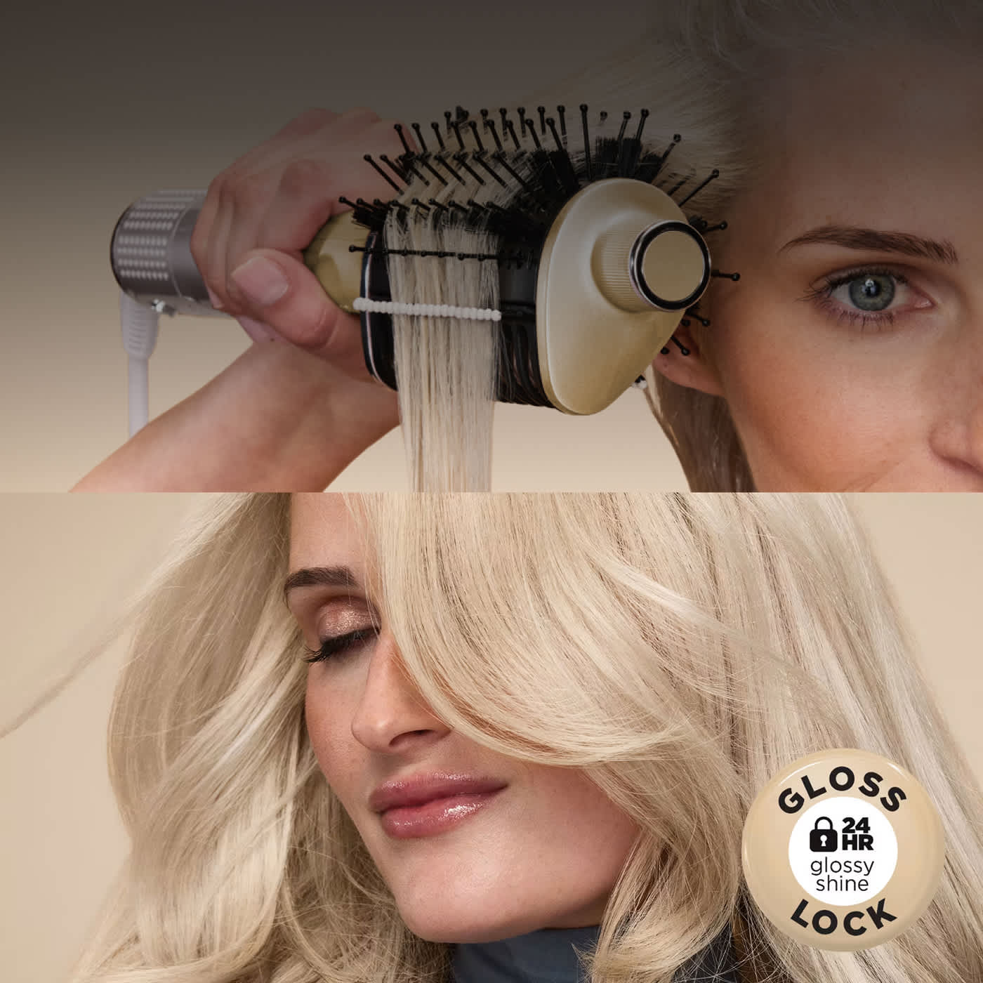 Blonde woman styles her hair with a heated round brush, achieving soft, shiny waves with a glossy finish.