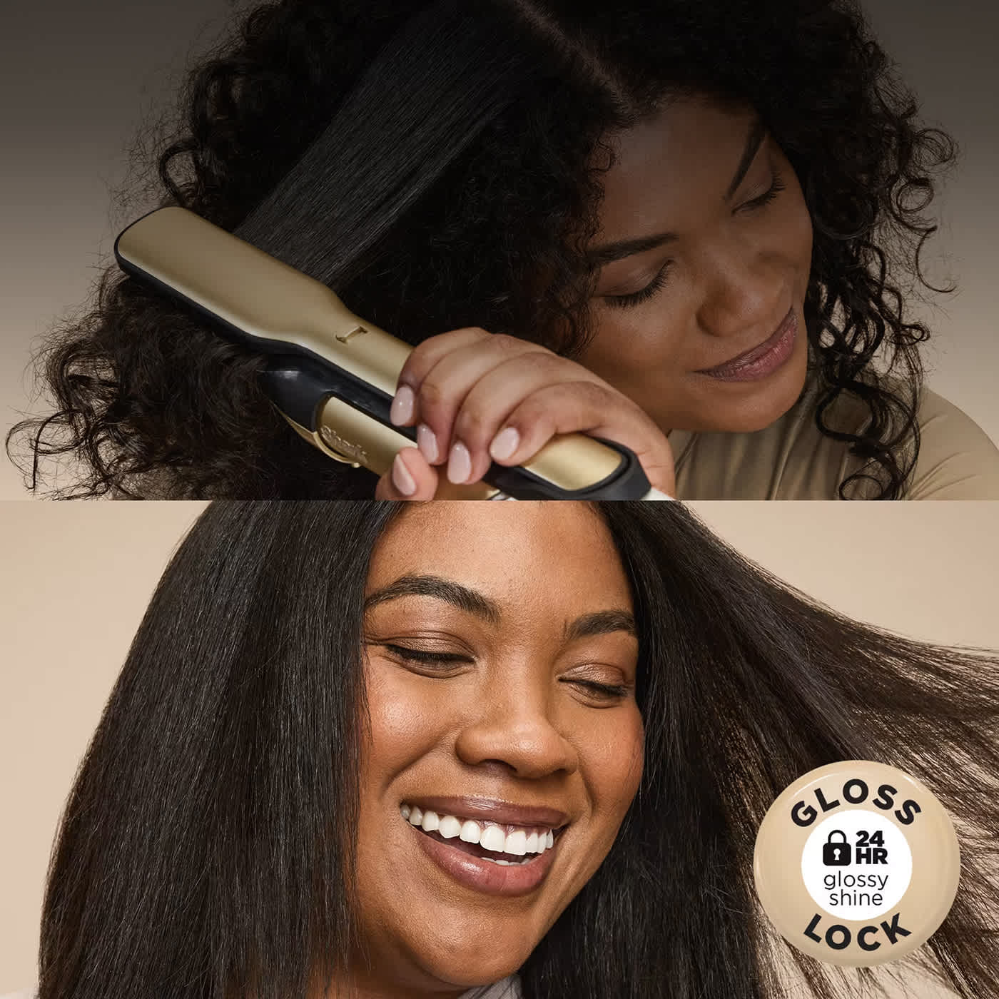 Smiling woman straightens curly hair with a gold flat iron, leaving it smooth and glossy.